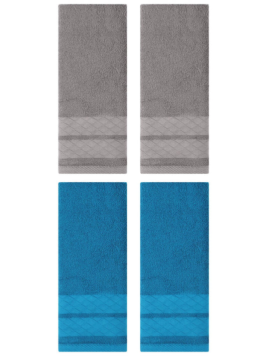 Unique Bargains 4 Pack Geometry Pattern Cotton Soft Hand Towels Blue/Grey 14" x 30"