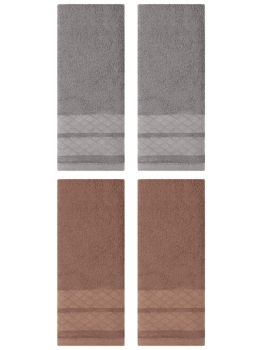 Unique Bargains 4 Pack Geometry Pattern Cotton Soft Hand Towels Brown/Grey 14" x 30"