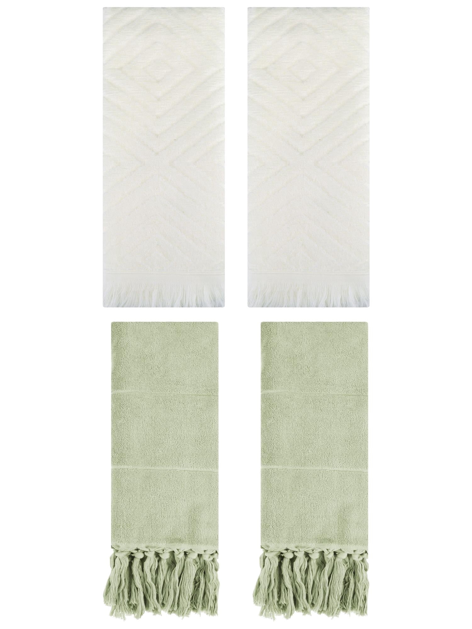 Unique Bargains 4 Pack Turkish Hand Towels with Tassel Green/Beige 14"x30"/13"x29"