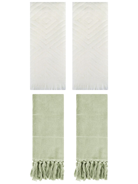 Unique Bargains 4 Pack Turkish Hand Towels with Tassel Green/Beige 14"x30"/13"x29"