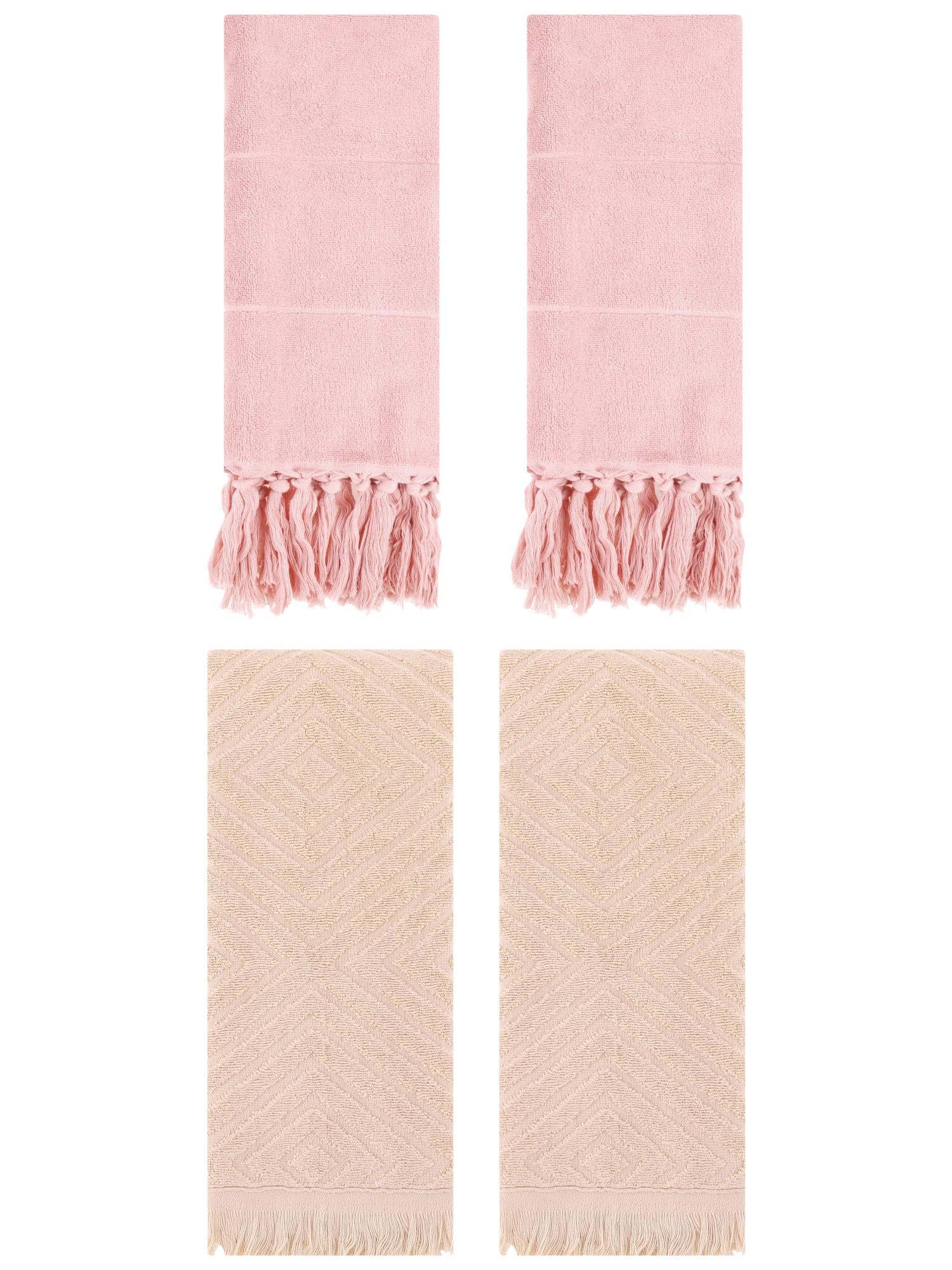 Unique Bargains 4 Pack Turkish Hand Towels with Tassel Pink/Brown 14"x30"/13"x29"