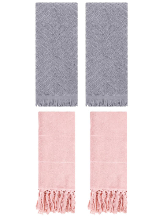 Unique Bargains 4 Pack Turkish Hand Towels with Tassel Pink/Grey 14"x30"/13"x29"