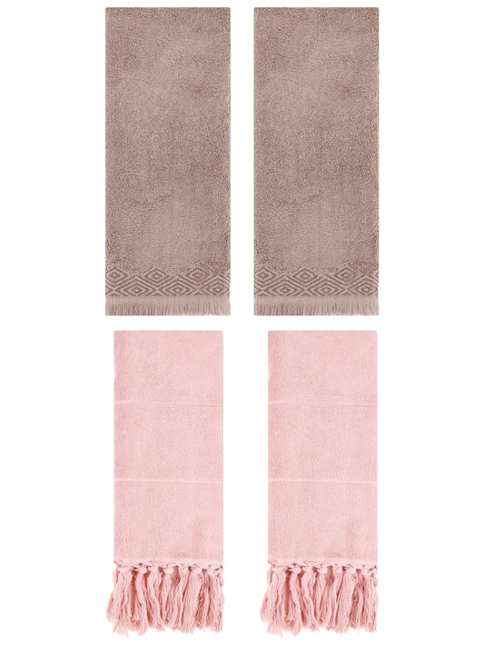 Unique Bargains 4 Pack Turkish Room Hand Towels Pink/Brown 14"x30"/13"x29"