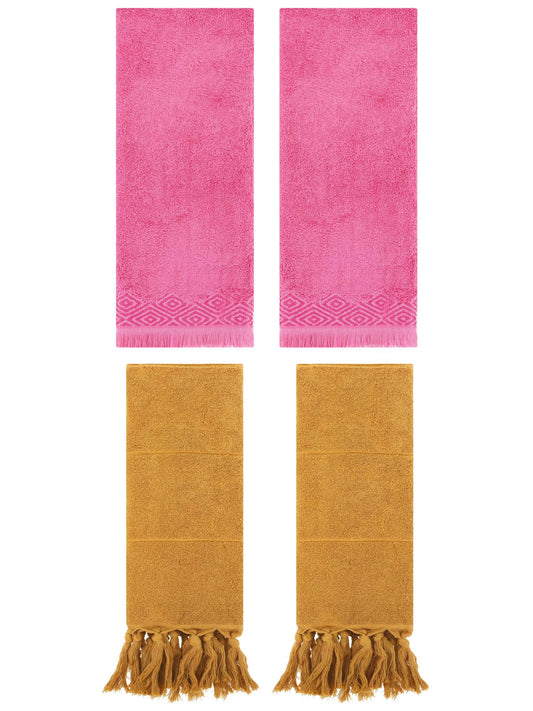Unique Bargains 4 Pack Turkish Room Hand Towels Yellow/Pink 14"x30"/13"x29"