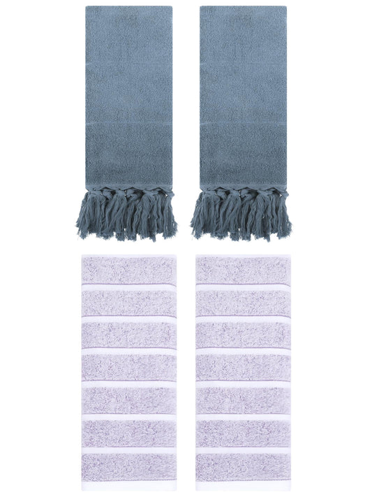 Unique Bargains 4 Pack Striped and Solid Absorbent Soft Cotton Hand Towel for Bathroom Blue/Light Purple 14" x 30"/13" x 29"