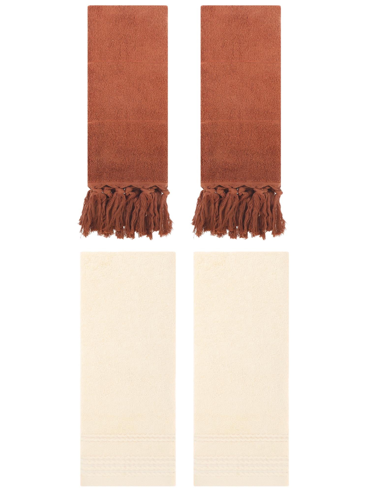 Unique Bargains 4 Packs Striped Tassels Hand Towels 14" x 30" Brown/Beige