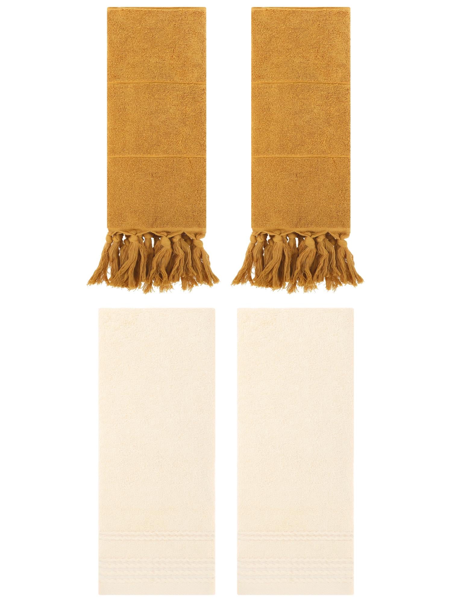 Unique Bargains 4 Packs Striped Tassels Hand Towels 14" x 30" Yellow/Beige