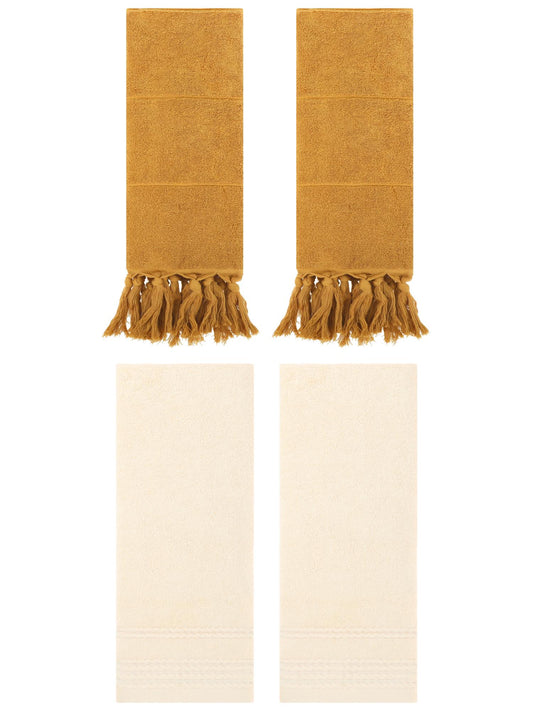 Unique Bargains 4 Packs Striped Tassels Hand Towels 14" x 30" Yellow/Beige