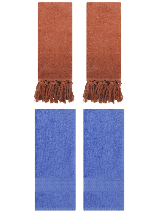Unique Bargains 4 Packs Textured Tassels Hand Towel Brown/Blue 14" x 30"/13" x 30"