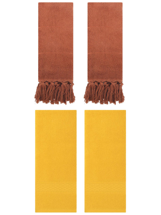 Unique Bargains 4 Packs Textured Tassels Hand Towel Brown/Yellow 14" x 30"/13" x 30"