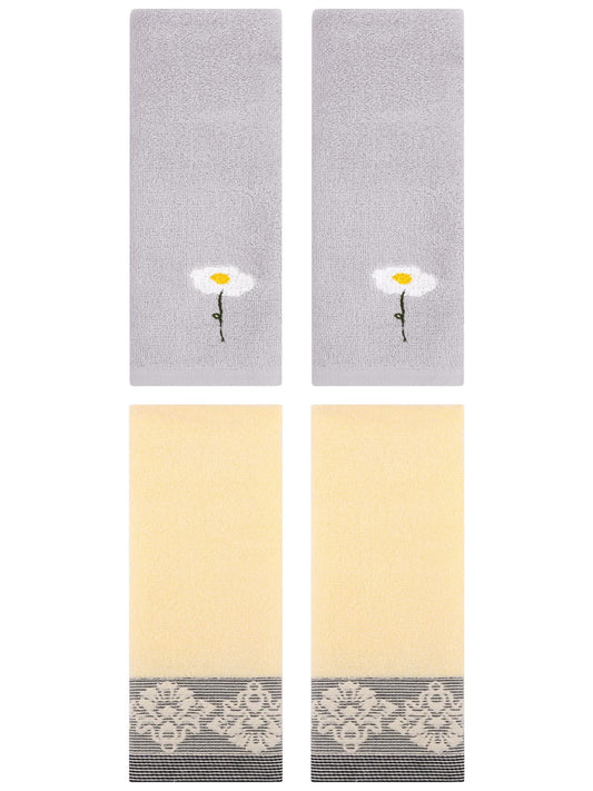 Unique Bargains 4 Pcs Absorbent Floral Hand Towels Grey/Yellow 13" x 30"/13" x 29"