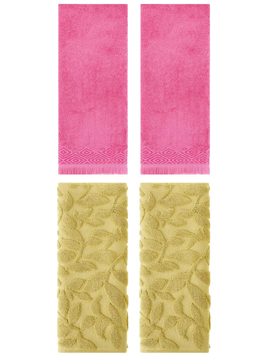 Unique Bargains 4 Pcs Absorbent Soft Boho Hand Towel Yellow/Pink 14" x 30"/13" x 29"