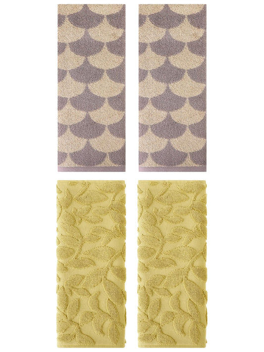 Unique Bargains 4 Pcs Bathroom Geometric Hand Towels Green/Yellow 13" x 29"/14" x 30"