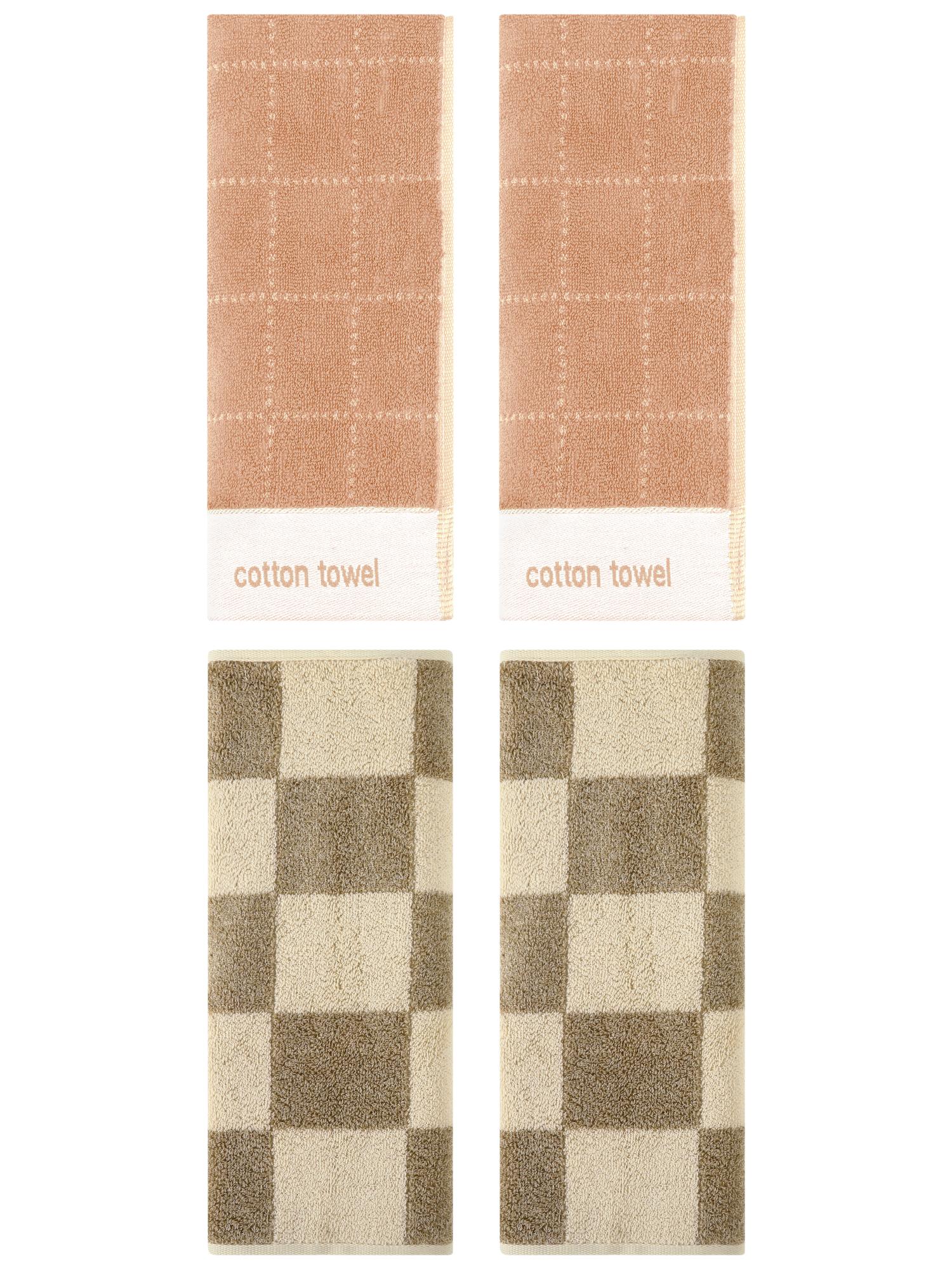 Unique Bargains 4 Pcs Checkered Cotton Hand Towel Brown 14" x 28"/14" x 30"
