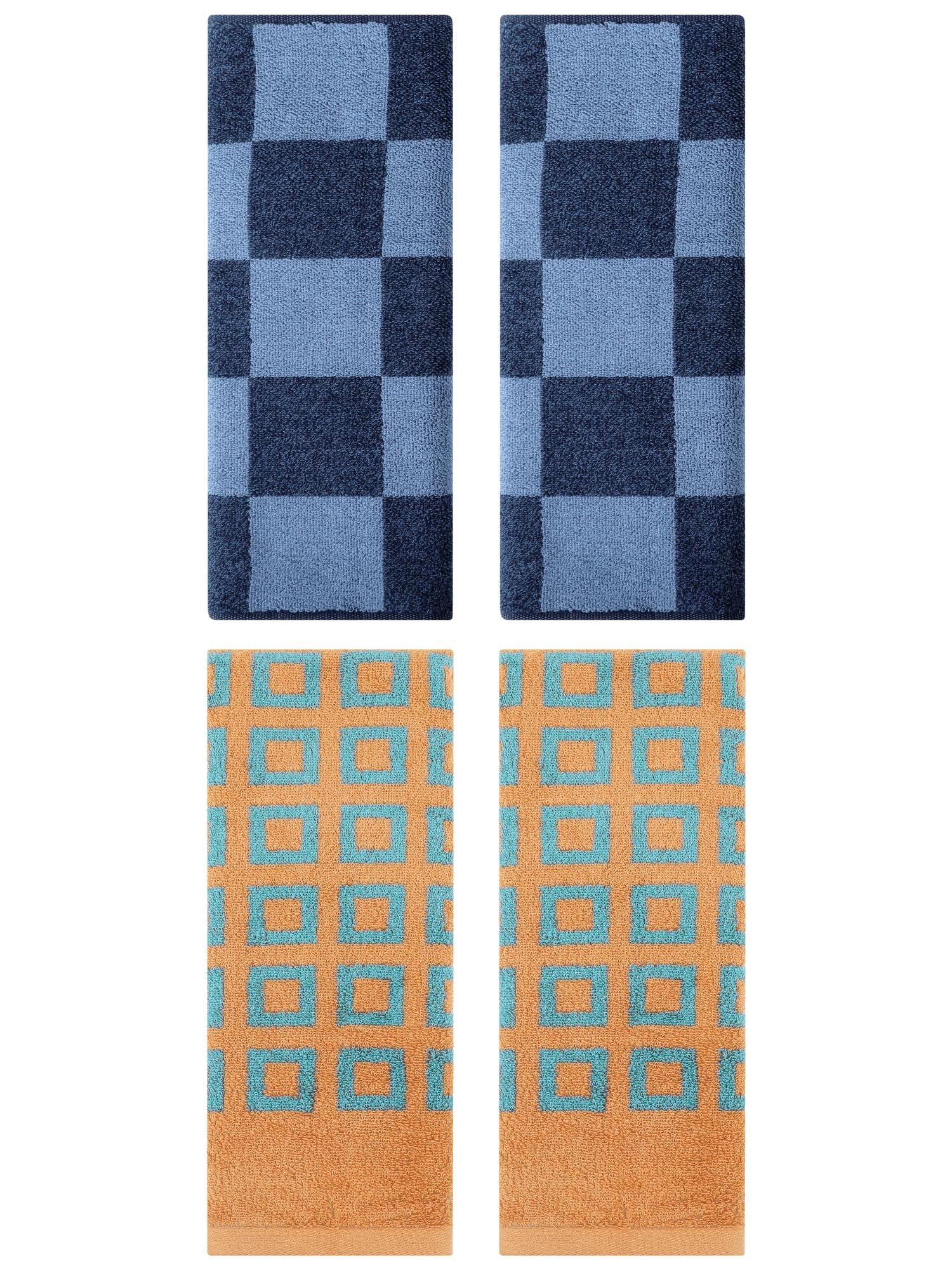 Unique Bargains 4 Pcs Checkered Decorative Hand Towels Dark Blue/Brown 14" x 28"/13" x 28"