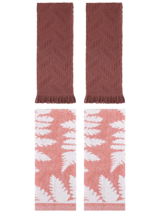 Unique Bargains 4 Pcs Cotton Absorbent Hand Towel Set 13 x 29 Inch Pink/Brown