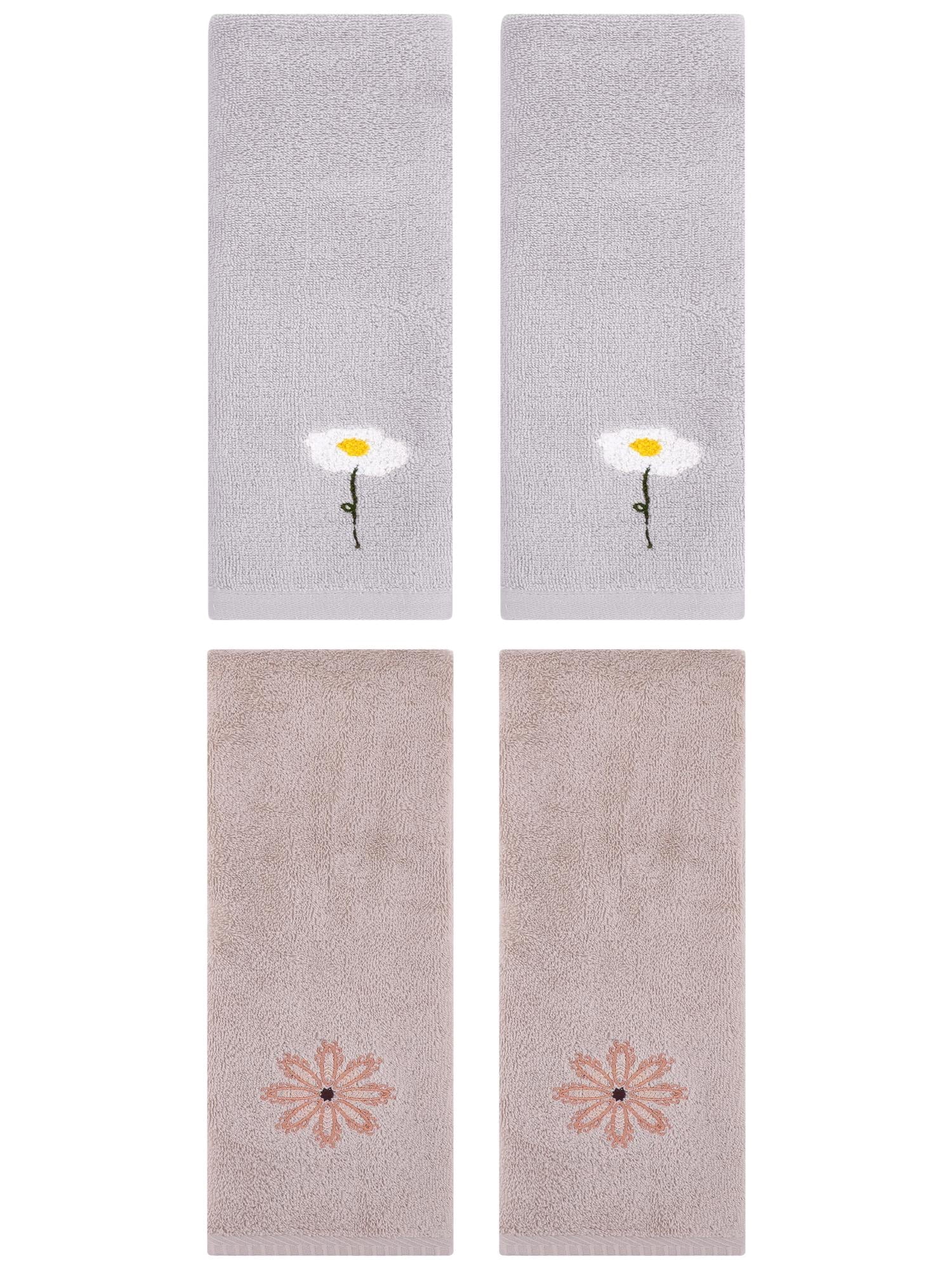 Unique Bargains 4 Pcs Cotton Floral Hand Towel 13" x 30" Grey/Camel