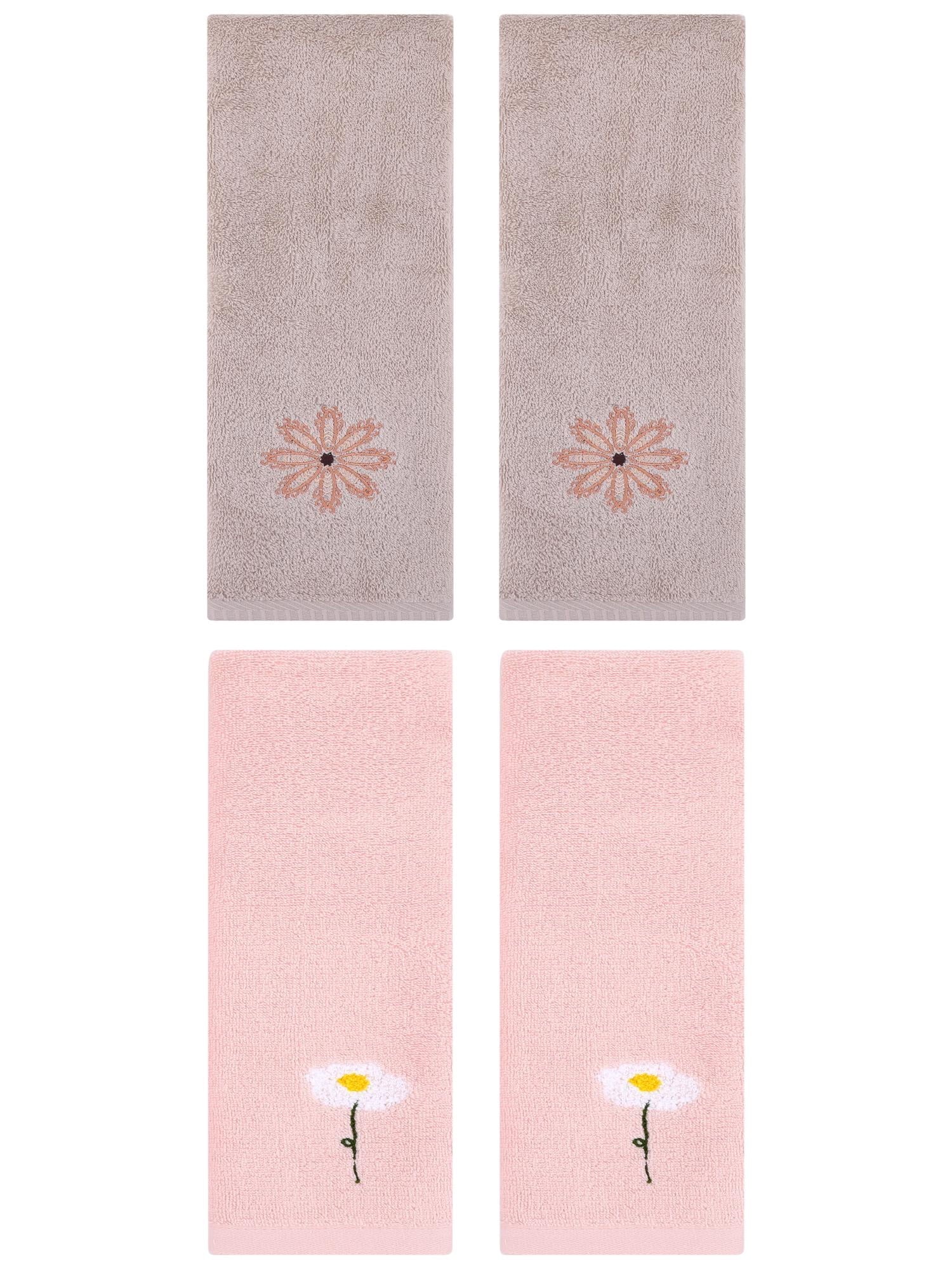 Unique Bargains 4 Pcs Cotton Floral Hand Towel 13" x 30" Pink/Camel