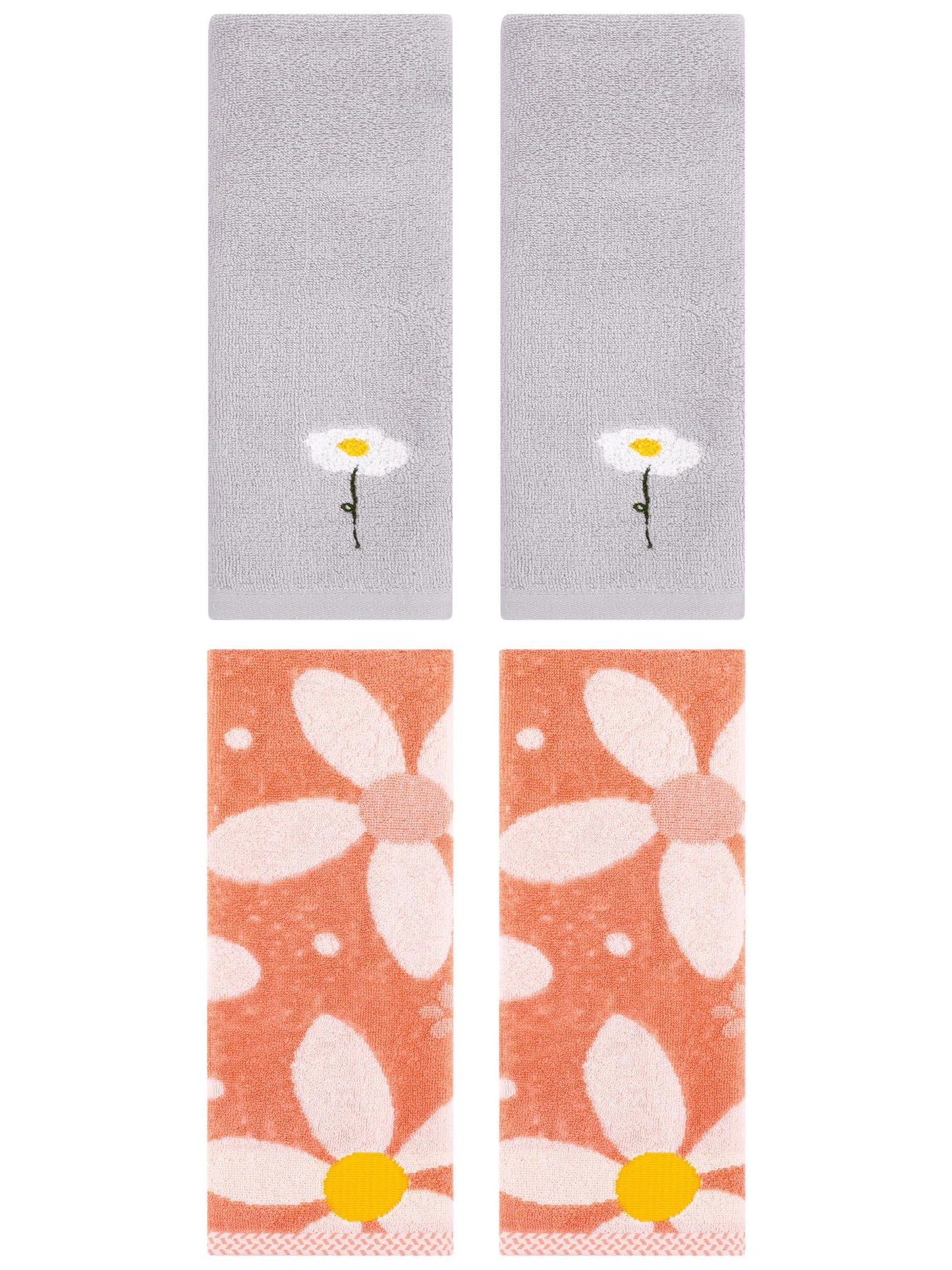 Unique Bargains 4 Pcs Cotton Floral Hand Towel Grey/Orange 13" x 30"/13" x 29"