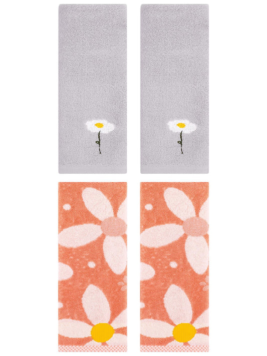 Unique Bargains 4 Pcs Cotton Floral Hand Towel Grey/Orange 13" x 30"/13" x 29"