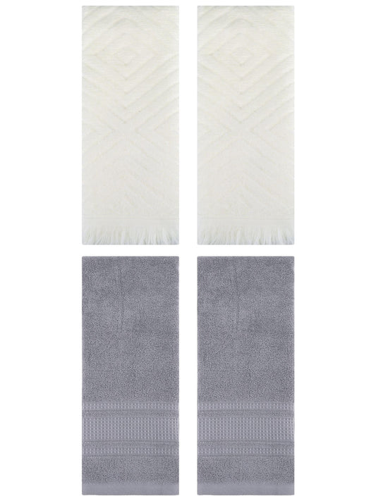 Unique Bargains 4 Pcs Cotton Geometric Hand Towels 13" x 29" Beige/Grey