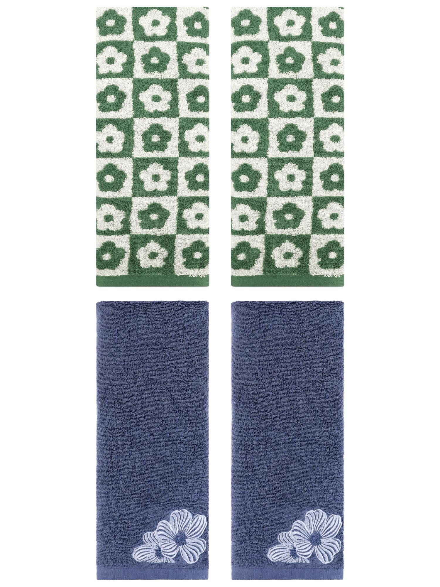 Unique Bargains 4 Pcs Cotton Hand Towel Set Green/Navy Blue 14" x 30"/14" x 31"