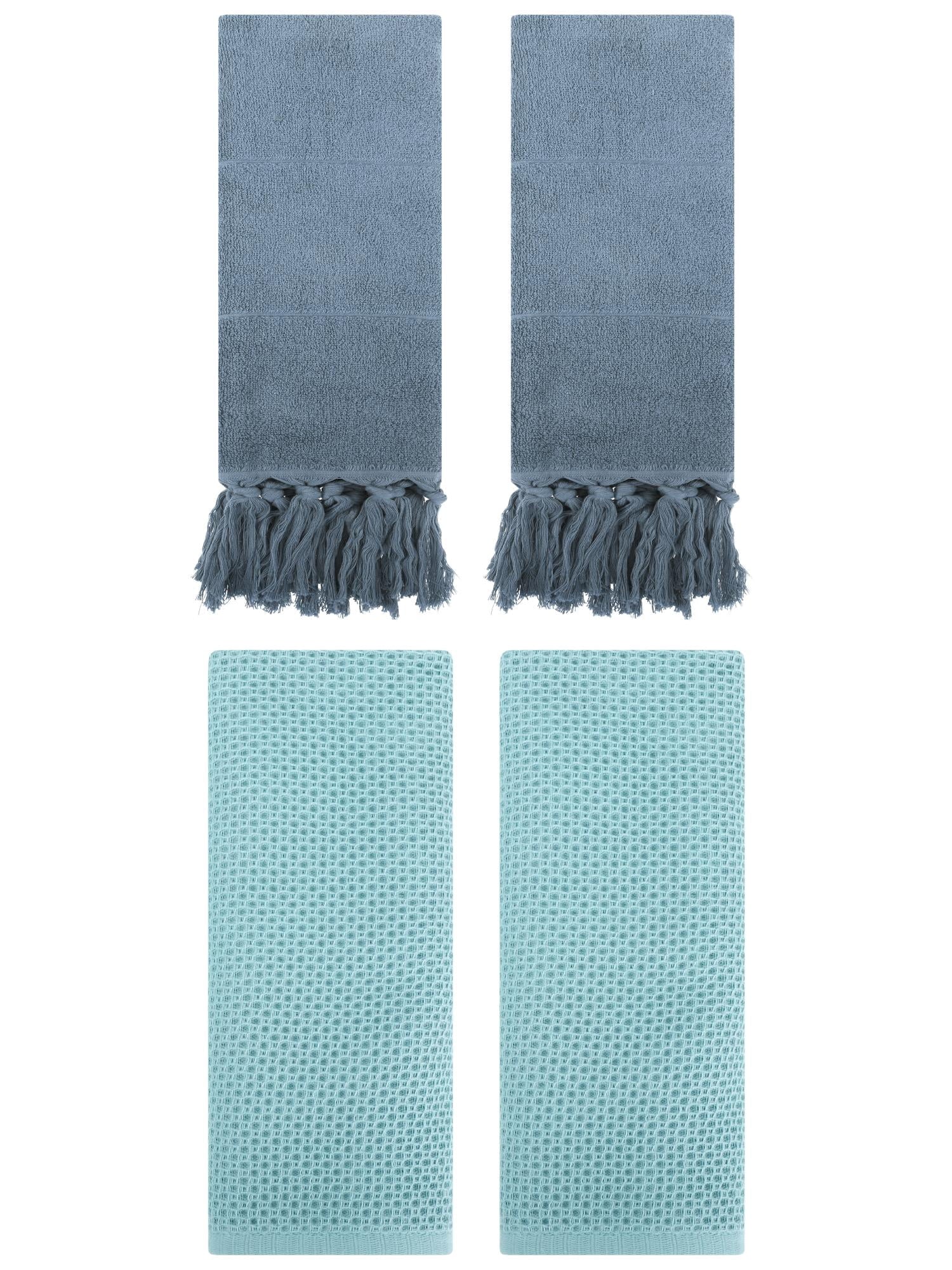 Unique Bargains 4 Pcs Cotton Hand Towels Blue/Light Blue 14" x 30"/13" x 30"