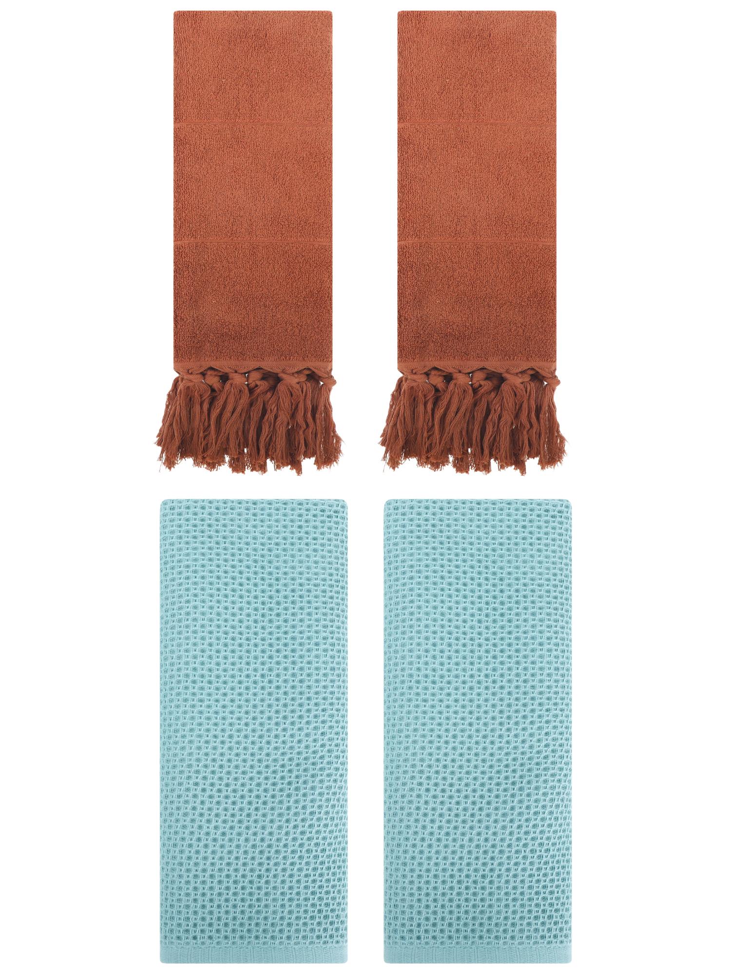 Unique Bargains 4 Pcs Cotton Hand Towels Brown/Light Blue 14" x 30"/13" x 30"