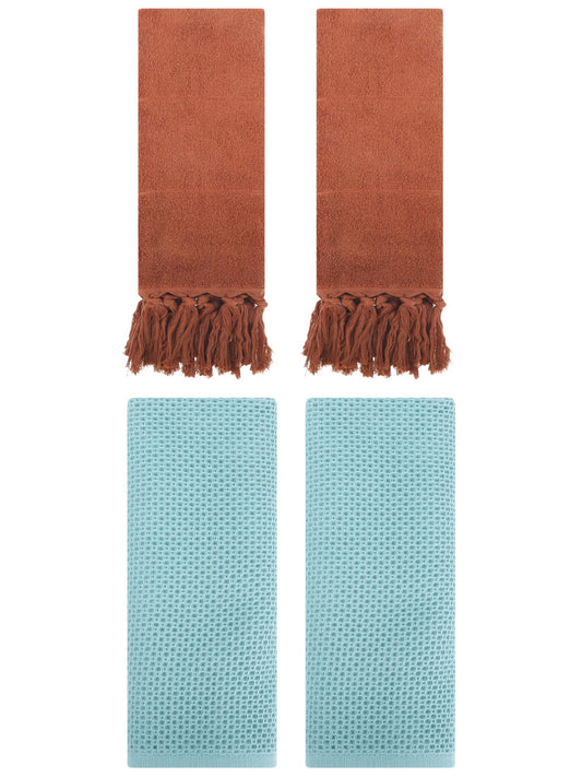 Unique Bargains 4 Pcs Cotton Hand Towels Brown/Light Blue 14" x 30"/13" x 30"