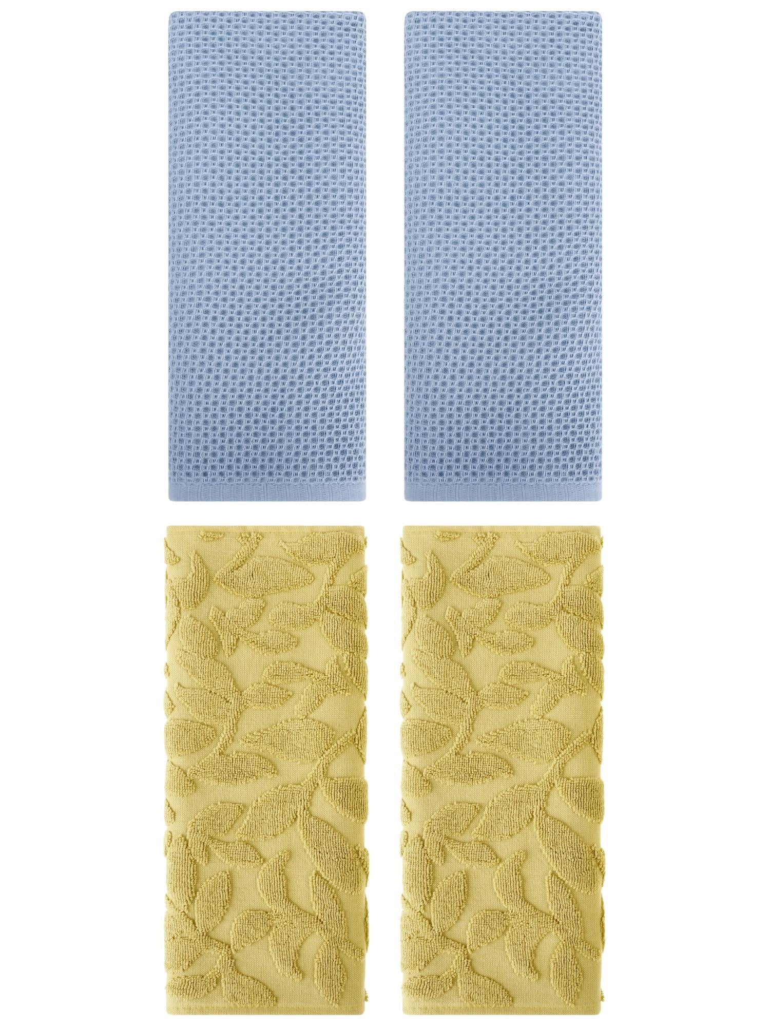 Unique Bargains 4 Pcs Cotton Hand Towels Steel Blue/Yellow 13" x 30"/14" x 30"