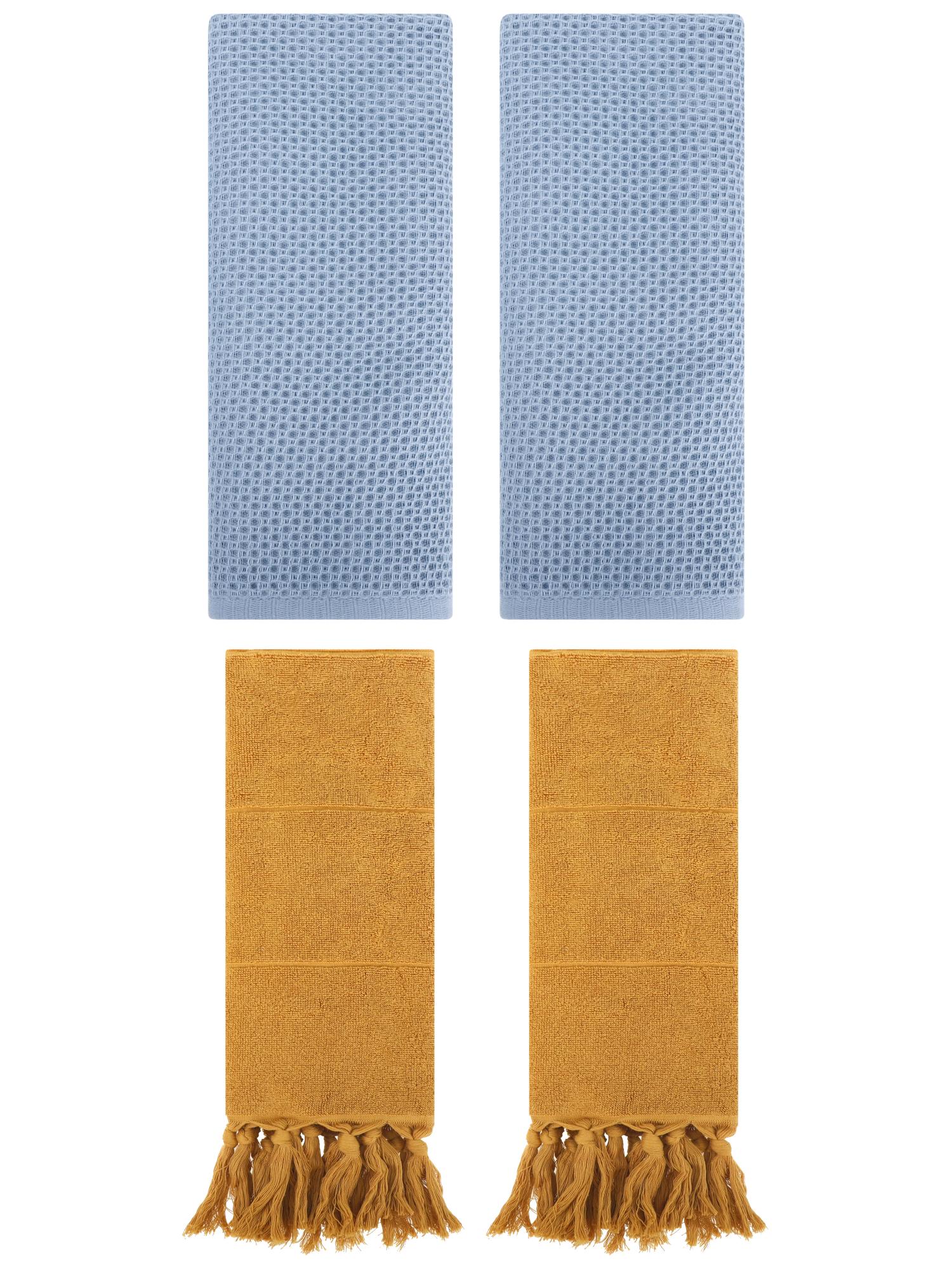 Unique Bargains 4 Pcs Cotton Hand Towels Yellow/Steel Blue 14" x 30"/13" x 30"