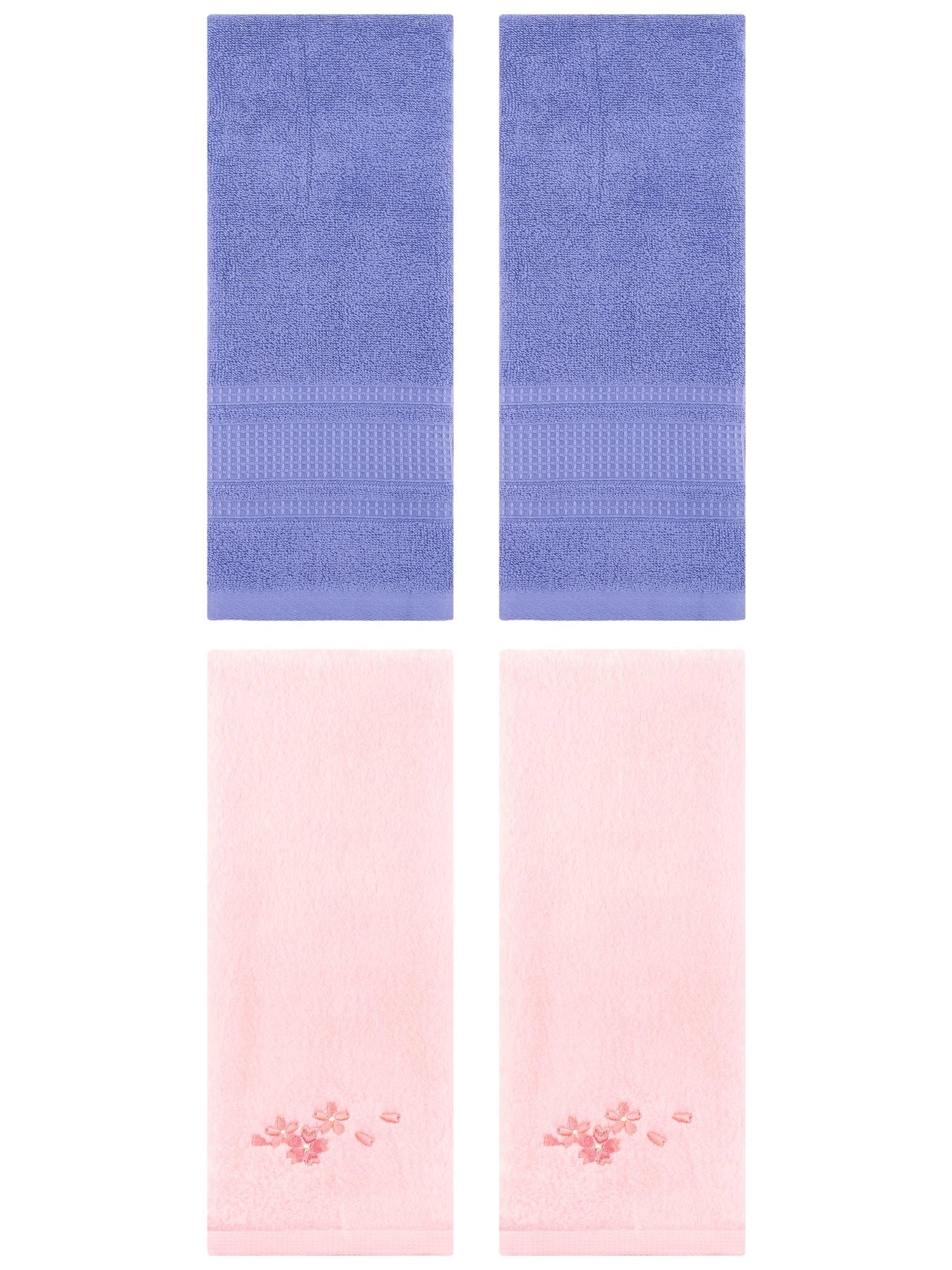 Unique Bargains 4 Pcs Cotton Soft Floral Hand Towels 13" x 29" Pink/Dark Blue