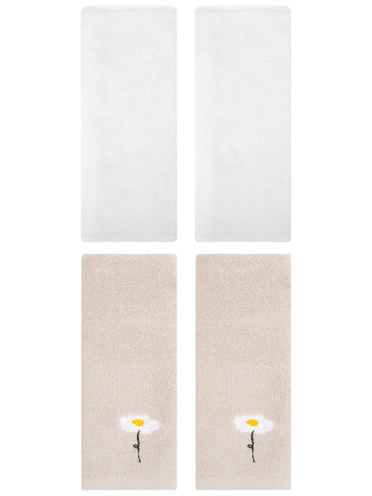 Unique Bargains 4 Pcs Cotton Soft Hand Towels 13" x 30" Light Brown/White