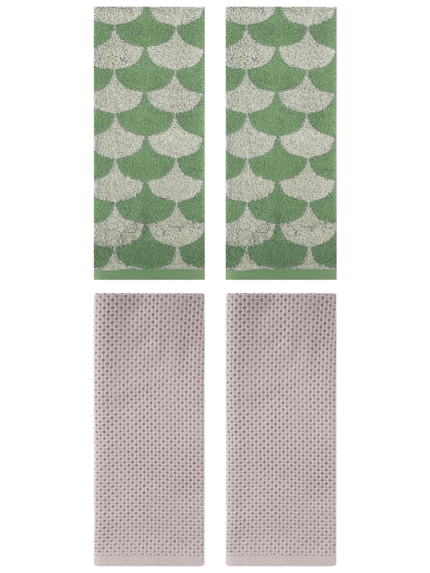 Unique Bargains 4 Pcs Cotton Solid Hand Towels Camel/Green 13" x 30"/13" x 29"