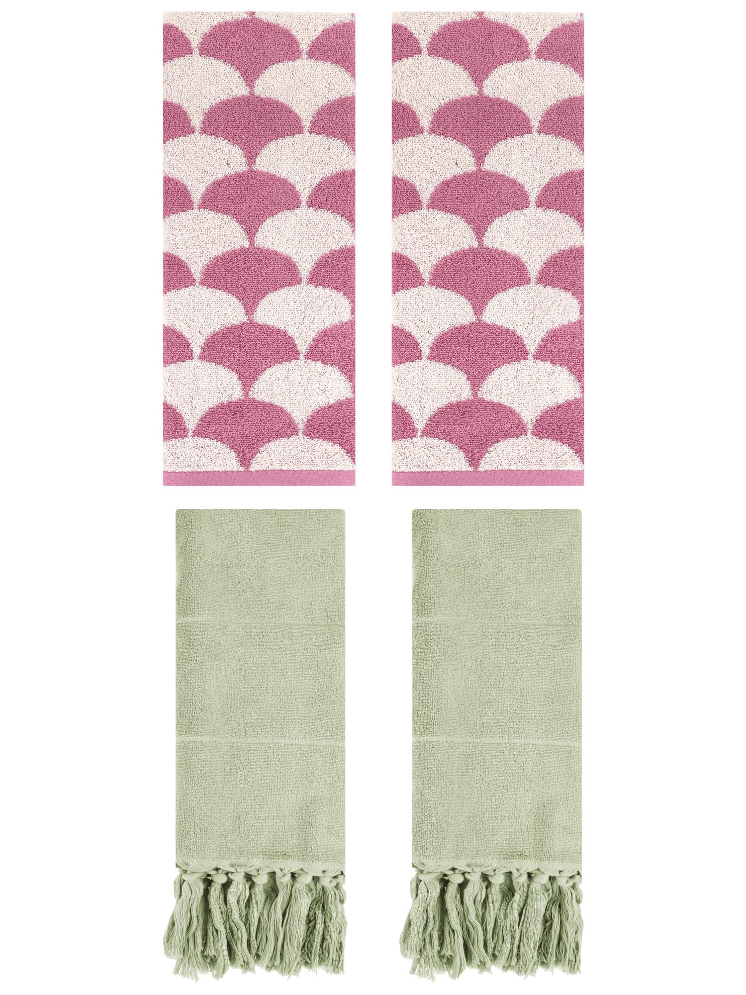 Unique Bargains 4 Pcs Cotton Solid Hand Towels Green/Pink 14" x 30"/13" x 29"