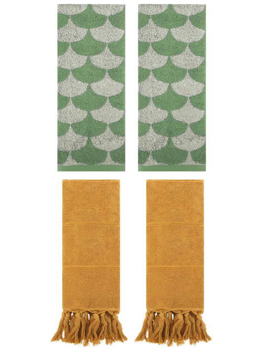 Unique Bargains 4 Pcs Cotton Solid Hand Towels Yellow/Green 14" x 30"/13" x 29"