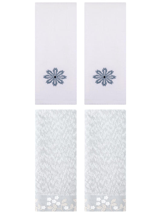 Unique Bargains 4 Pcs Floral Hand Towel Grey/White 14" x 28"/13" x 30"
