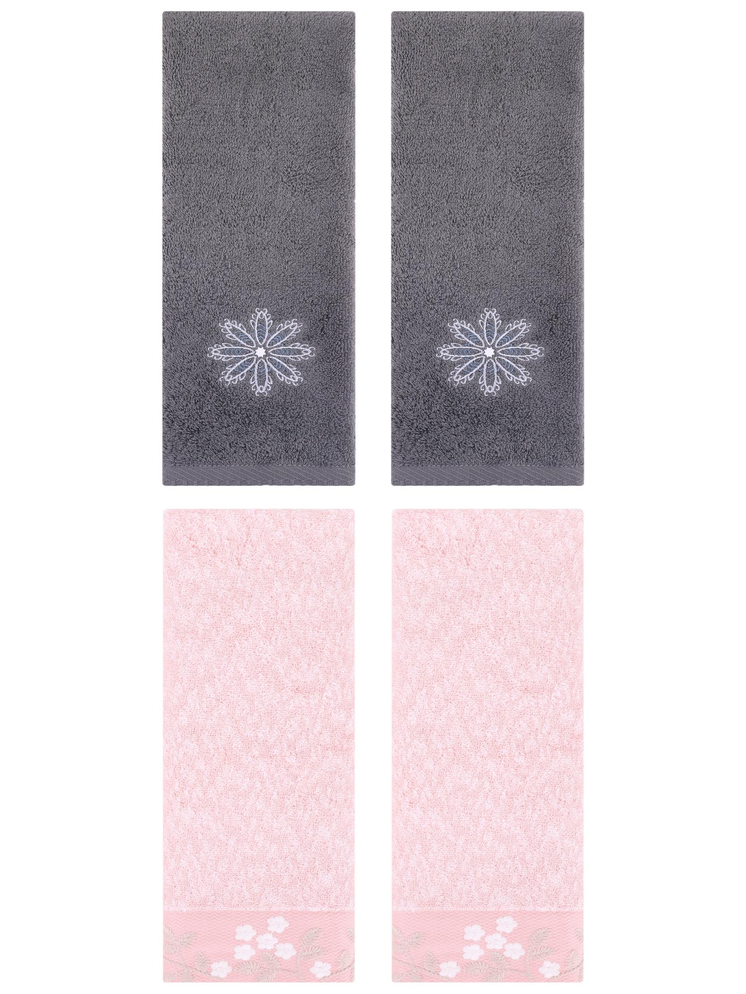 Unique Bargains 4 Pcs Floral Hand Towel Pink/Dark Grey 14" x 28"/13" x 30"