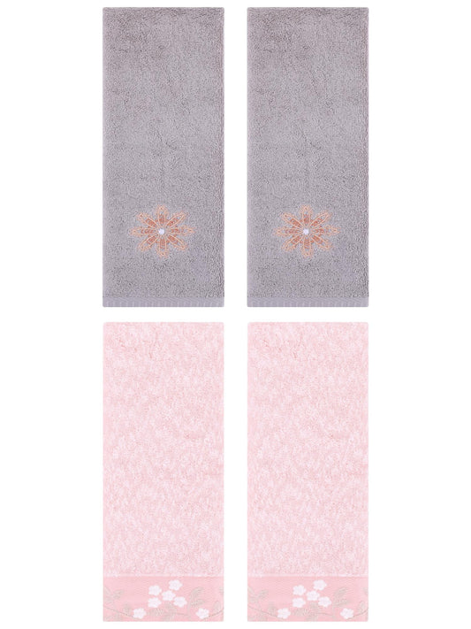 Unique Bargains 4 Pcs Floral Hand Towel Pink/Light Grey 14" x 28"/13" x 30"