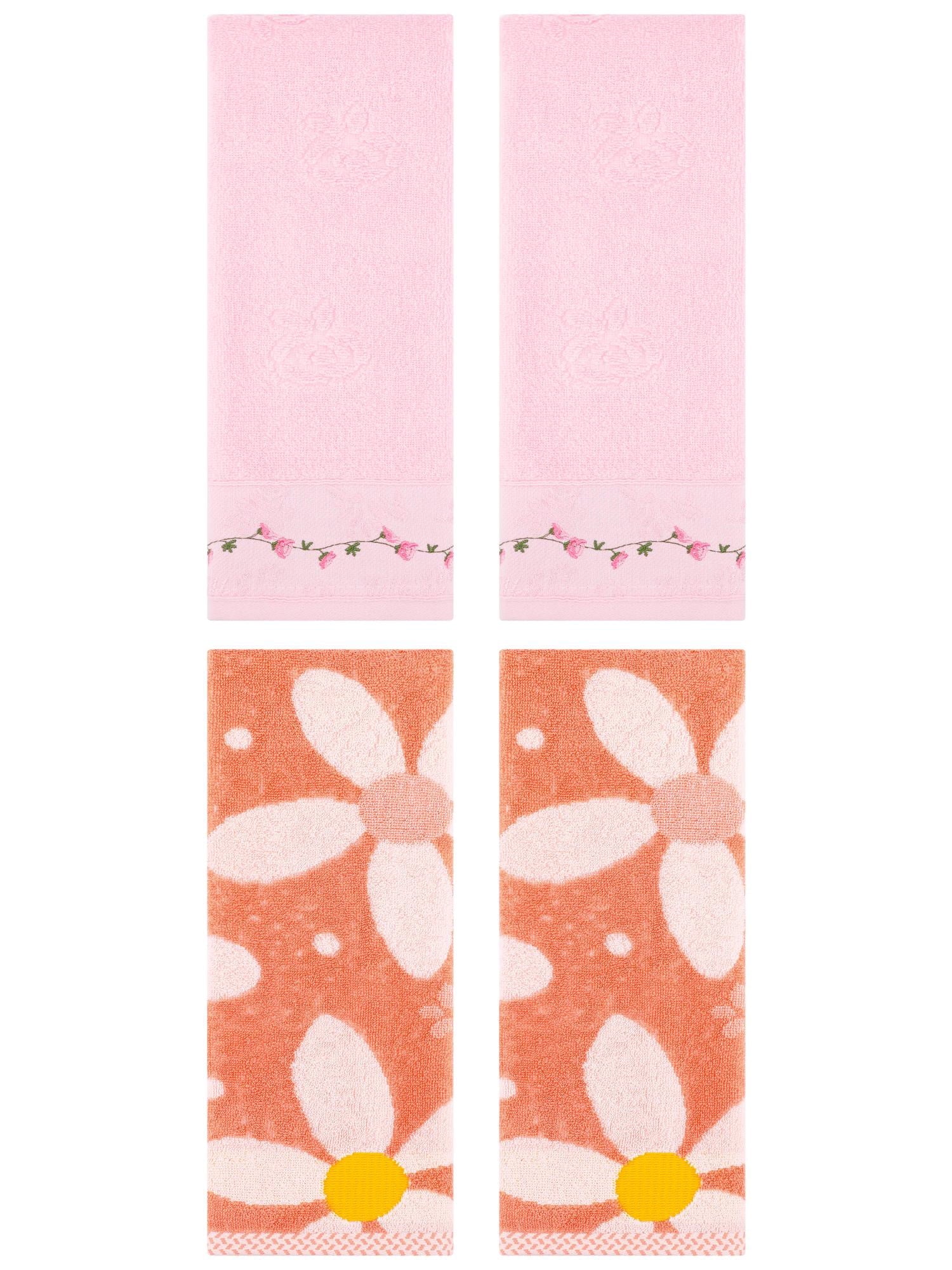 Unique Bargains 4 Pcs Floral Soft Hand Towels 13 x 29 Inch Orange/Pink