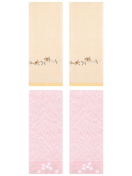 Unique Bargains 4 Pcs FloralCotton Hand Towels Decor Pink/Yellow 14" x 28"/15" x 30"