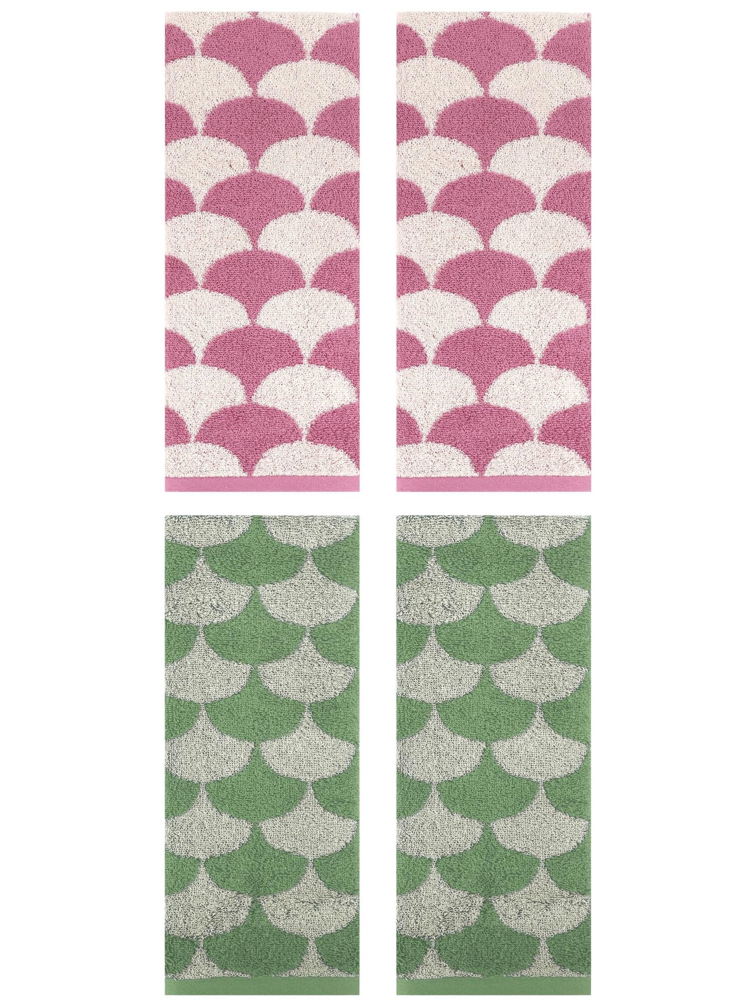 Unique Bargains 4 Pcs Geometric Cotton Hand Towels Green/Pink 13" x 29"
