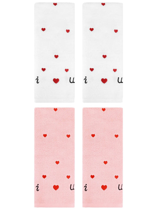 Unique Bargains 4 Pcs Letter Heart Pattern Hand Towels Pink/White 13" x 29"