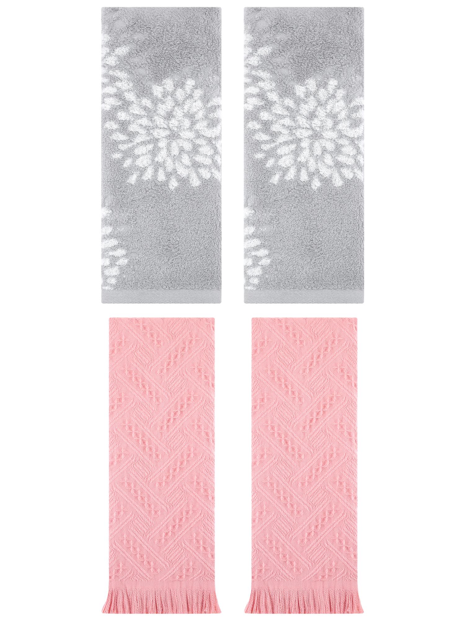 Unique Bargains 4 Pcs Pure Cotton Hand Towel, Kitchen Grey/Pink 14" x 30"/13" x 29"