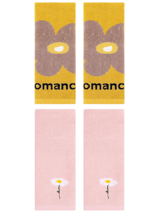 Unique Bargains 4 Pcs Soft Absorbent Floral Pattern Cotton Hand Towel Pink/Yellow