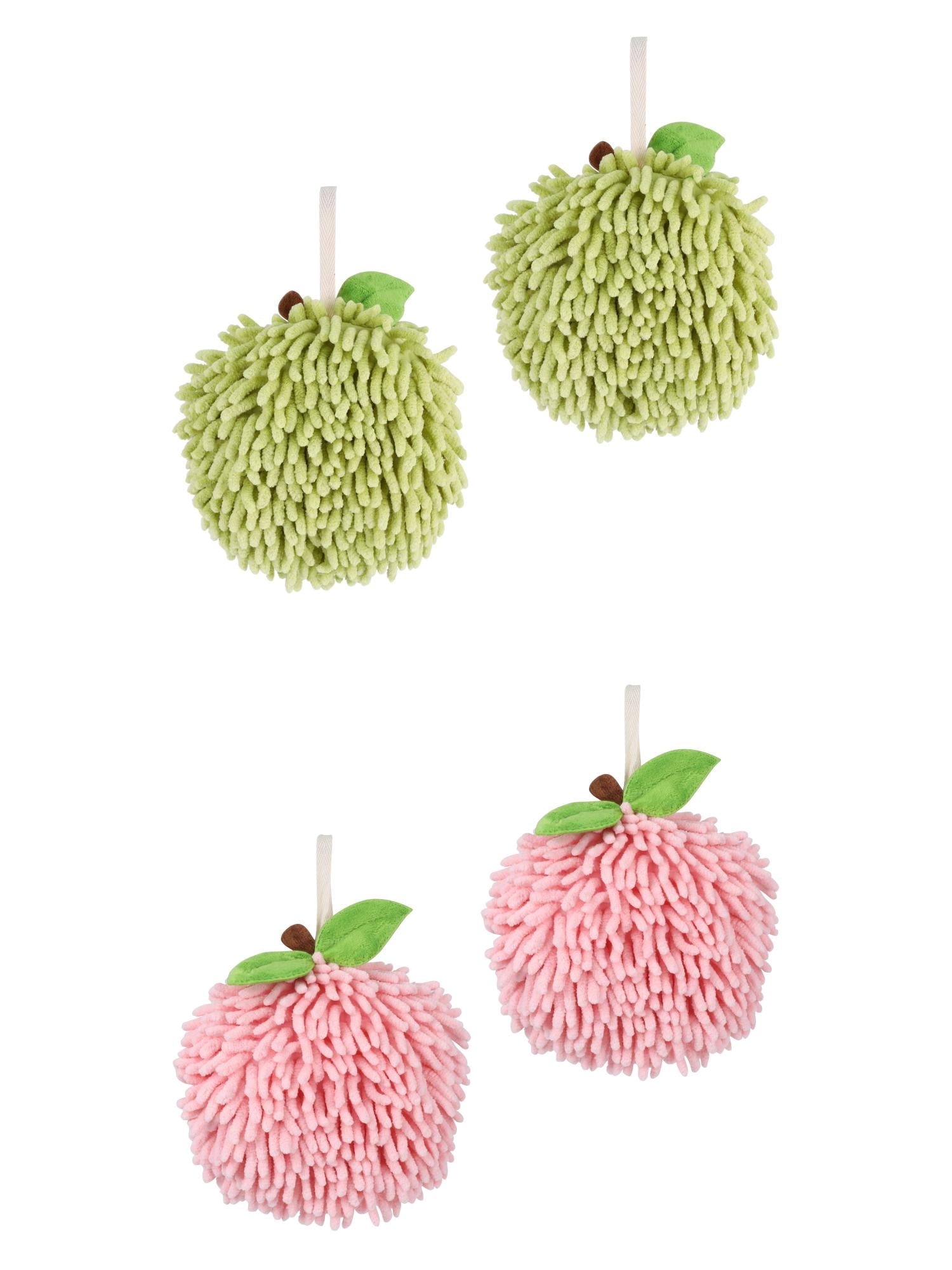 Unique Bargains 4 Pcs Soft Chenille Ball Hand Towels Green/Pink 6" x 6"