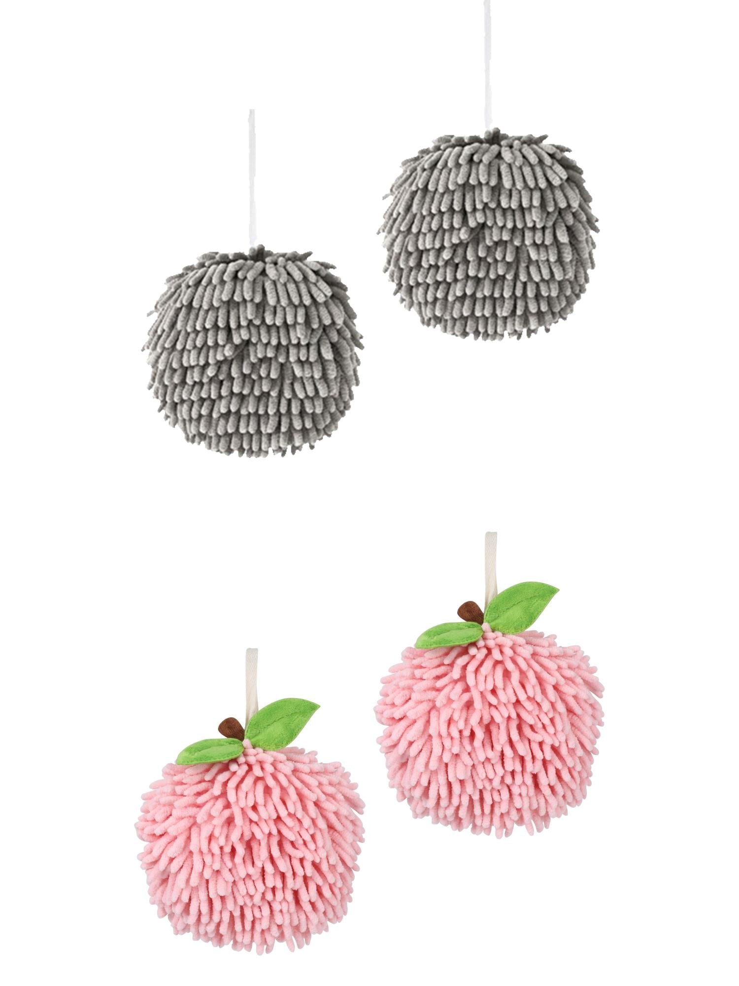 Unique Bargains 4 Pcs Soft Chenille Ball Hand Towels Grey/Pink 6" x 6"