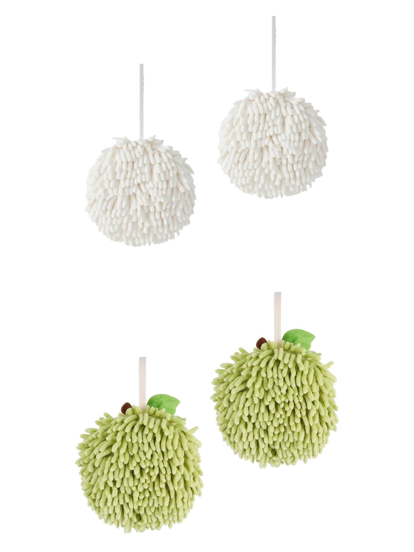 Unique Bargains 4 Pcs Soft Chenille Ball Hand Towels White/Green 6" x 6"