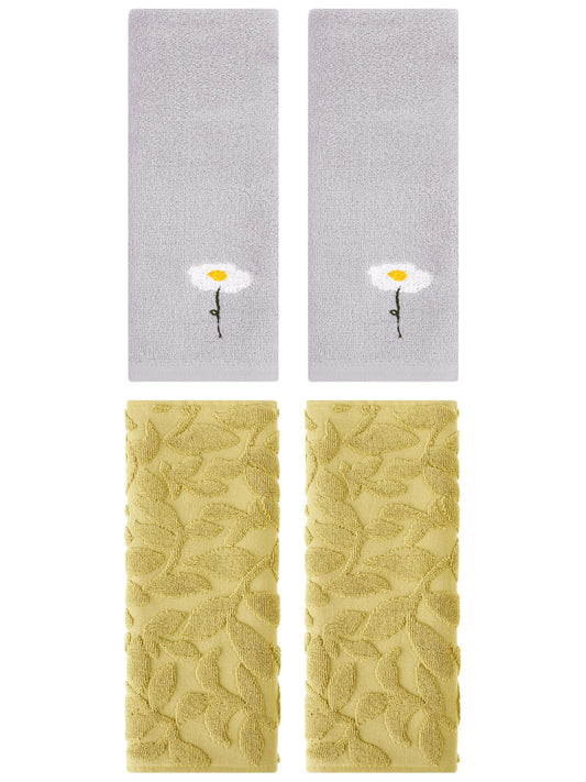 Unique Bargains 4 Pcs Soft Cotton Hand Towels Grey/Yellow 13" x 30"/14" x 30"