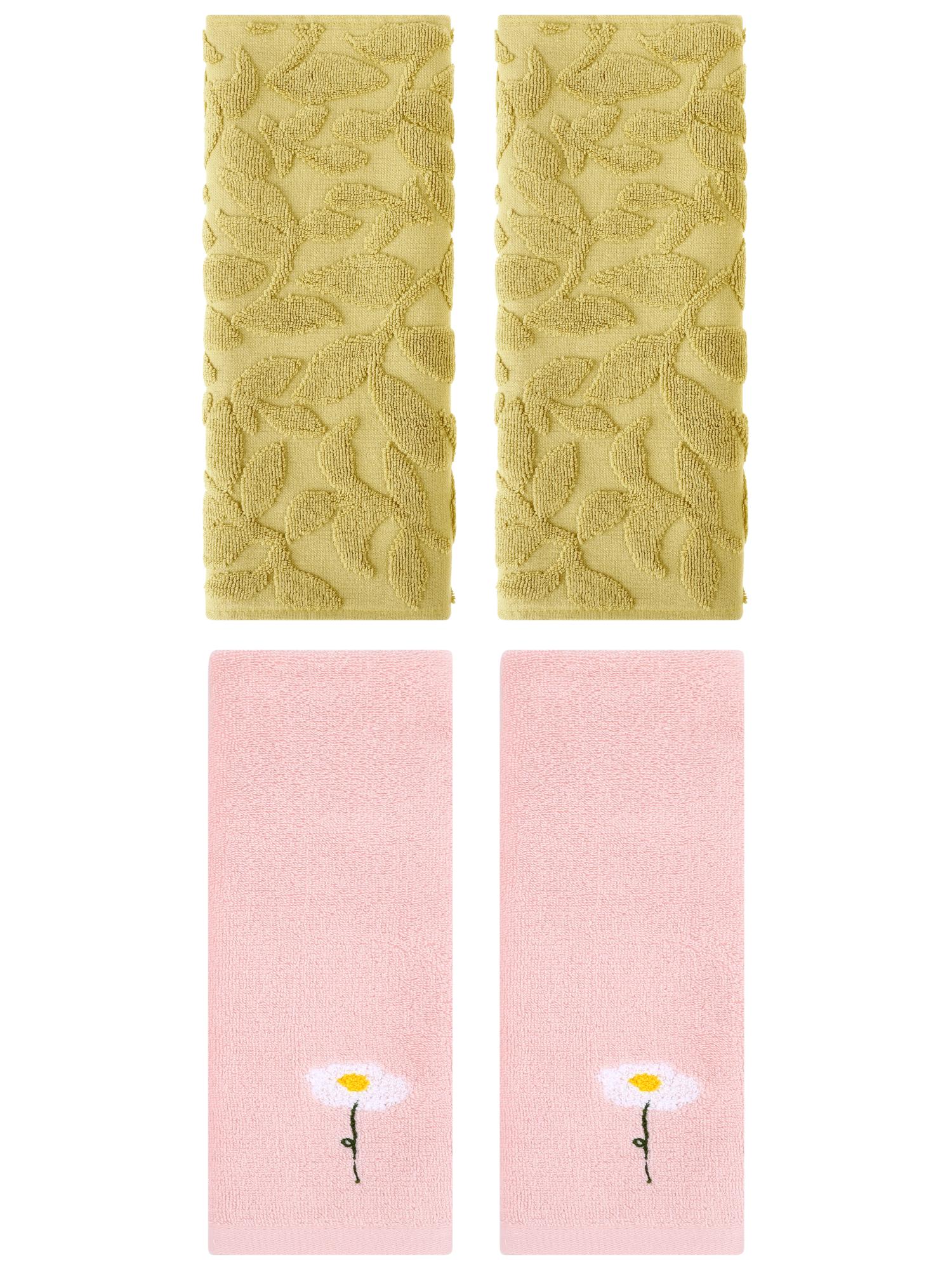 Unique Bargains 4 Pcs Soft Cotton Hand Towels Pink/Yellow 13" x 30"/14" x 30"